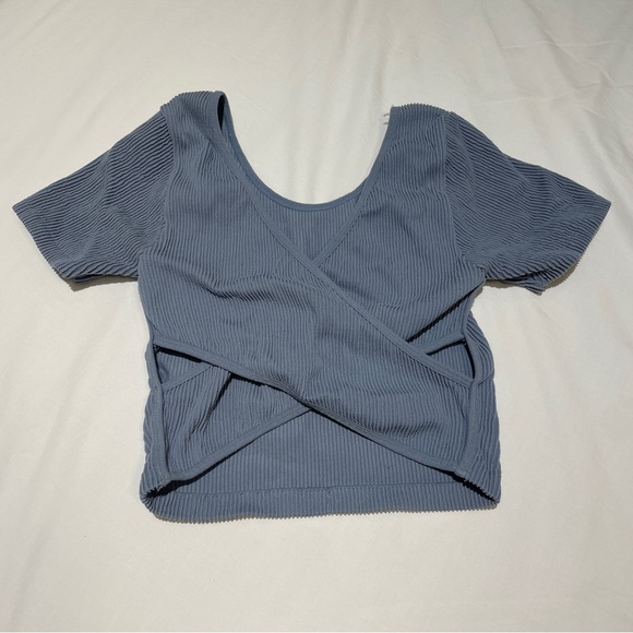 Blue Asymmetrical Ribbed Crop Top - Picture 2 of 5